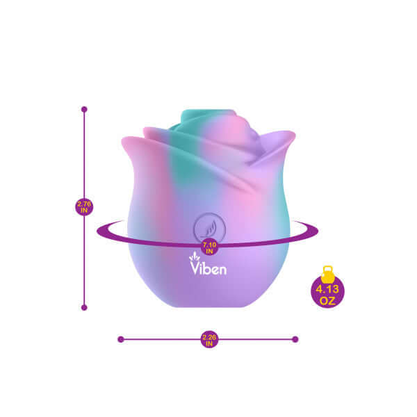 Viben Zen Rose Unicorn handheld rose-shaped clitoral and nipple stimulator with dimensions and weight details.