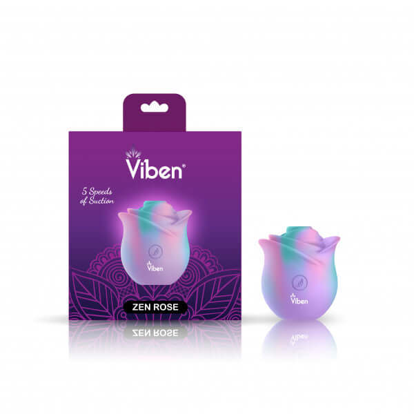 Viben Zen Rose Unicorn clitoral and nipple stimulator with packaging on display.