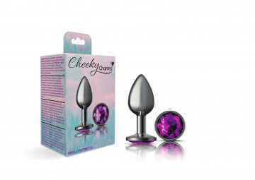 Cheeky Charms Round Purple Small Gunmetal Butt Plug displayed with packaging for intimate play