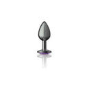 Cheeky Charms Round Purple Small Gunmetal Butt Plug by Viben with sleek gunmetal finish and purple base.