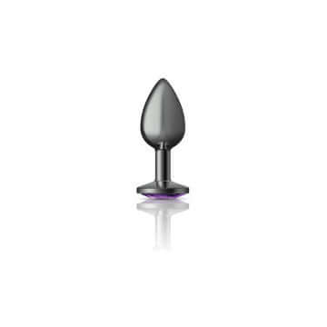 Cheeky Charms Round Purple Small Gunmetal Butt Plug by Viben with sleek gunmetal finish and purple base.