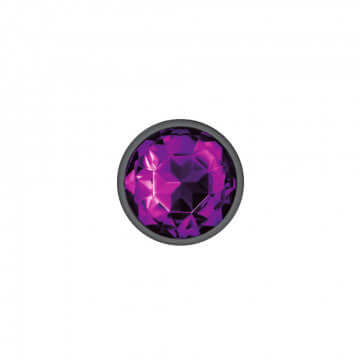 Cheeky Charms Round Purple Small Gunmetal Butt Plug with a purple jewel gem detail.
