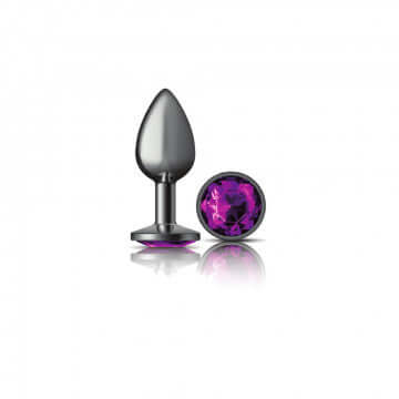 Cheeky Charms Round Purple Small Gunmetal Butt Plug displayed with a sparkling purple gem accent.