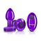 Cheeky Charms Vibrating Metal Plug in Purple with Remote, featuring a tapered design and beautiful acrylic gemstone.