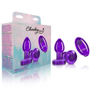 Cheeky Charms Vibrating Metal Plug in Purple Small with Remote, featuring elegant design and packaging for temperature play.