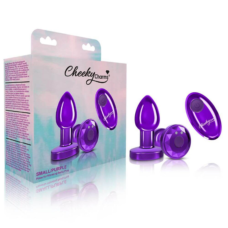 Cheeky Charms Vibrating Metal Plug in Purple Small with Remote, featuring elegant design and packaging for temperature play.