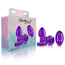 Cheeky Charms small purple vibrating metal plug with remote, featuring beautiful acrylic gemstone in stylish packaging.