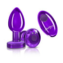 Cheeky Charms Vibrating Metal Plug in purple with remote, featuring tapered design and acrylic gemstone for enhanced pleasure.