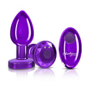 Cheeky Charms purple vibrating metal plug with remote, featuring a tapered design and acrylic gemstone for enhanced pleasure.
