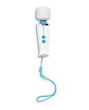 Vibratex Magic Wand Micro pocket-sized massager with powerful performance, white and blue design, and wrist strap
