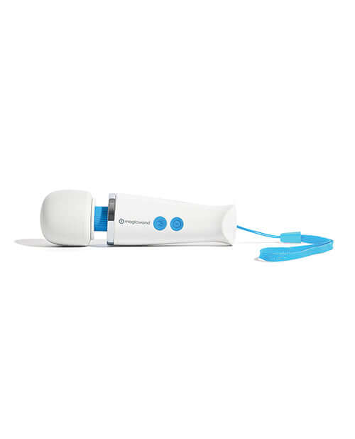 Magic Wand Micro pocket-sized massager by Vibratex featuring a powerful and portable white design with blue buttons and strap.