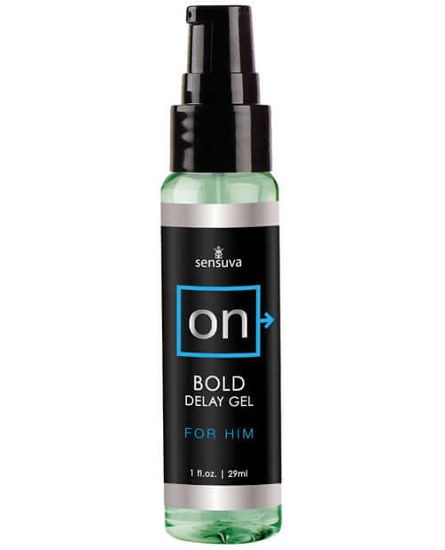 On Bold Delay Gel For Him 1 fl oz bottle to prolong pleasure and enhance intimate moments.