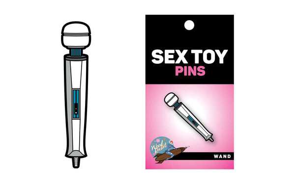 Magic Wand Lapel Pin from Wood Rocket Sex Toys Collection in soft enamel packaging.
