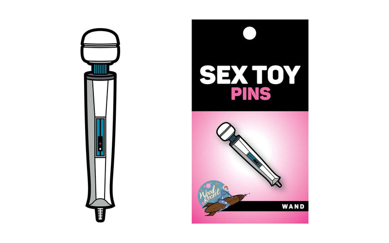 Magic Wand Lapel Pin from Wood Rocket Sex Toys Collection in soft enamel packaging.