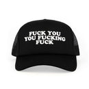 Trucker-style hat with bold text in white, adjustable snapback, black mesh design.