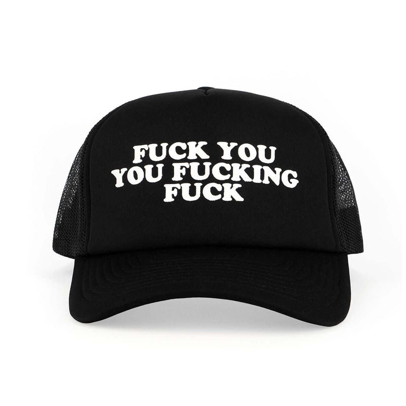 Trucker-style hat with bold text in white, adjustable snapback, black mesh design.