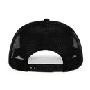 Back view of black mesh trucker hat with adjustable snapback design.