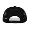 Back view of black mesh trucker hat with adjustable snapback design.