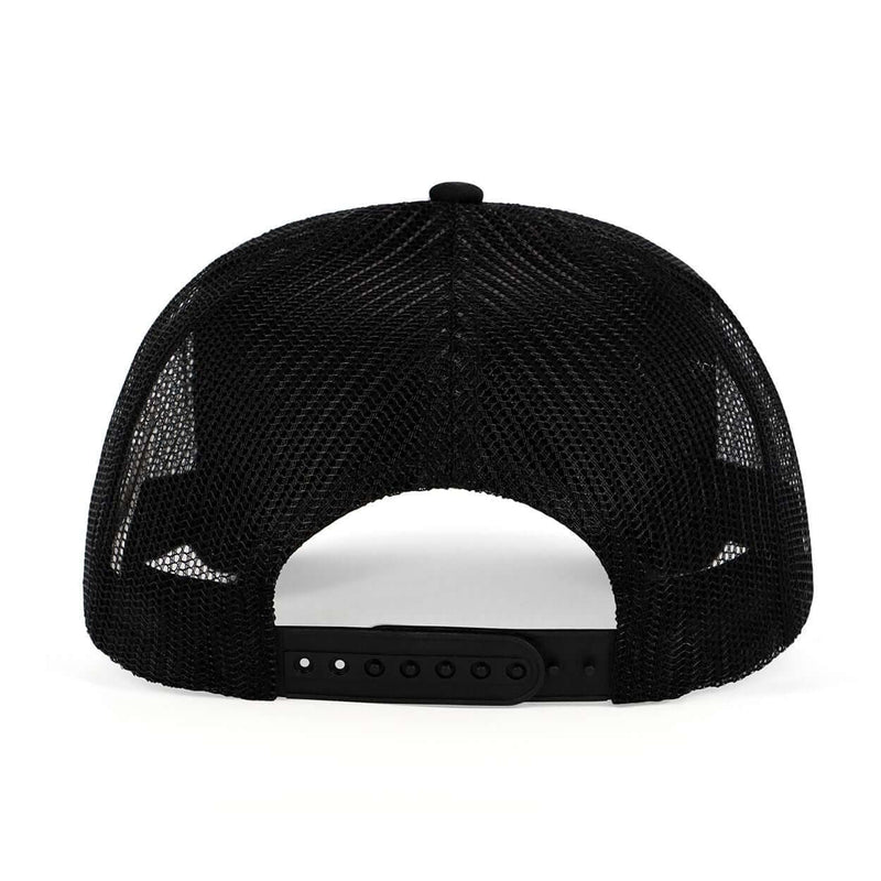Back view of black mesh trucker hat with adjustable snapback design.