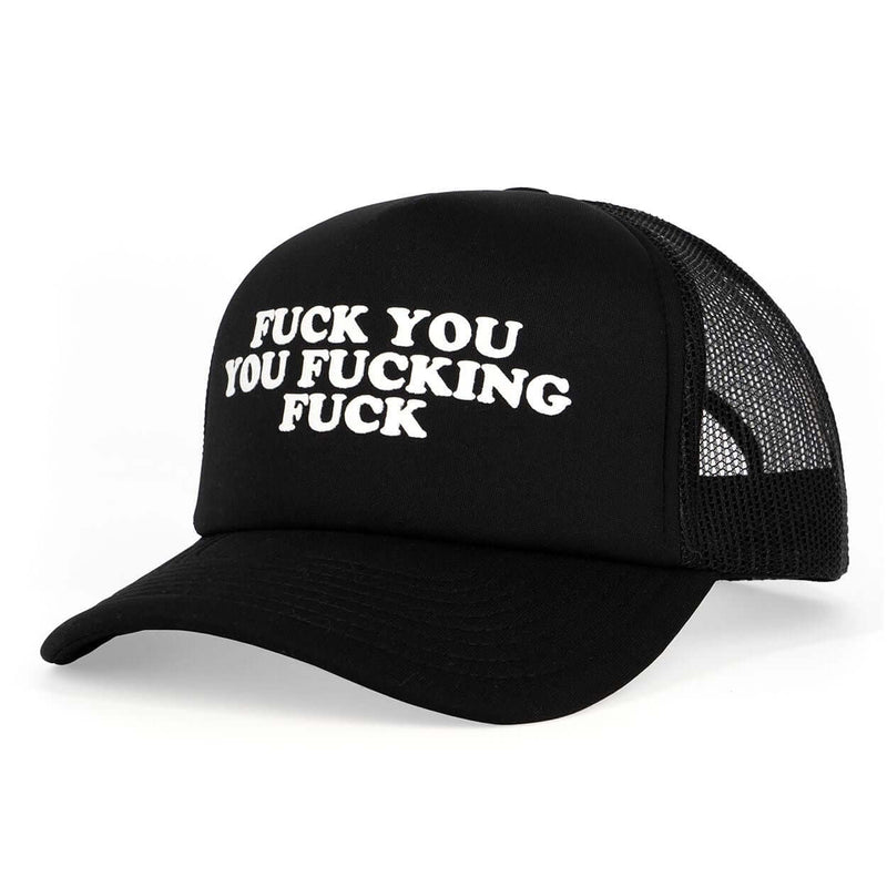 Black and white trucker hat with bold text design, adjustable snap back, made from polyester foam.