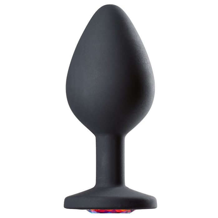 Cloud 9 Gems Black Silicone Anal Plug Medium with Rainbow Gem for Intense Anal Pleasure and Visual Appeal.