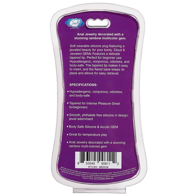 Packaging of Cloud 9 Gems Black Silicone Anal Plug Medium with product information and rainbow multi-color gem description.