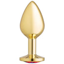 Cloud 9 Gems Gold Anal Plug Medium with tapered tip and rainbow multicolor gem for beginners and easy insertion.