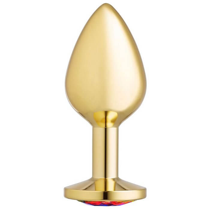 Cloud 9 Gems Gold Anal Plug Medium with tapered tip and rainbow multicolor gem for beginners and easy insertion.