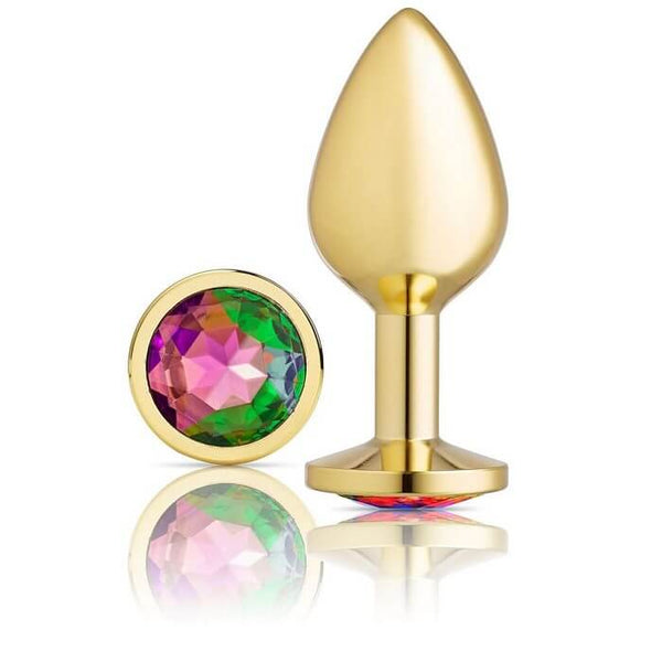 Cloud 9 Gems Gold Anal Plug Medium with rainbow multicolor gem and tapered tip for easy insertion and retrieval.