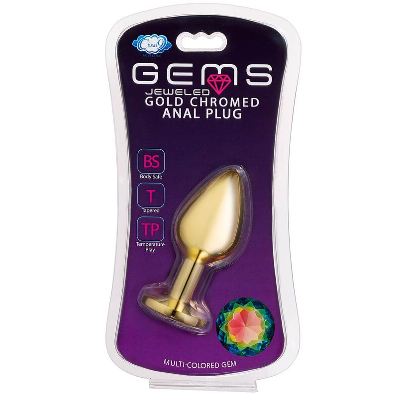 Cloud 9 Gems Gold Chromed Anal Plug with multicolored gem packaging, featuring a tapered tip and flared base for easy use.