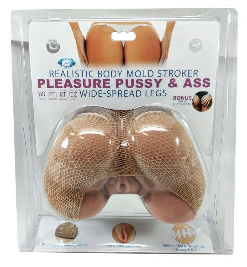 Cloud 9 Novelties Realistic Body Mold Stroker with Spread Legs, showcasing detailed pussy and ass mold in packaging.