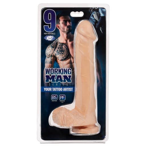 Cloud 9 Novelties Cloud 9 Working Man 9 inches Light Skin Tone Beige Dildo with Balls Your Tattoo Artist at $34.99