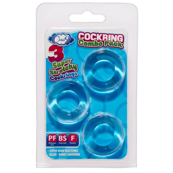 Cloud 9 Novelties Super Stretchy 3 Cockring Combo Pack in Blue Packaging