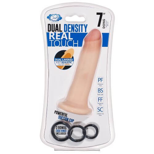 Cloud 9 Dual Density 7-Inch Dildo in packaging, showcasing realistic feel, powerful suction cup, and bonus rings included.