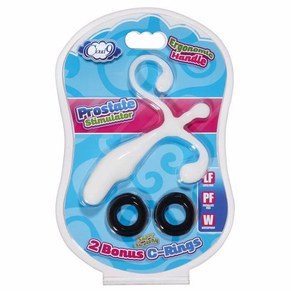 Cloud 9 Prostate Stimulator Kit with ergonomic handle and two bonus cock rings on a colorful package.