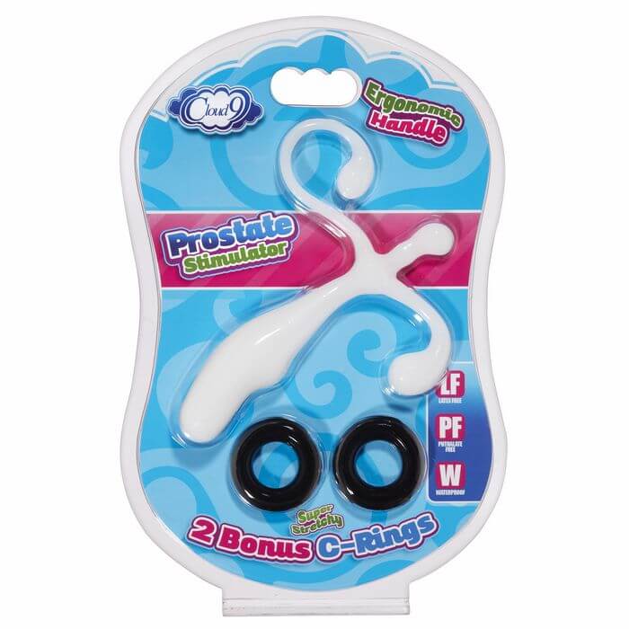 Cloud 9 Prostate Stimulator Kit with ergonomic handle and two bonus cock rings on a colorful package.