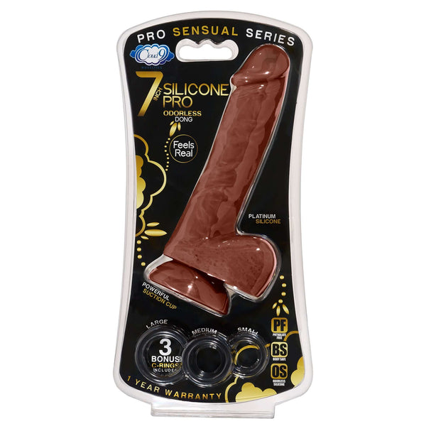 PRO SENSUAL PREMIUM SILICONE DONG W/ 3 C RINGS BROWN 7 "-0