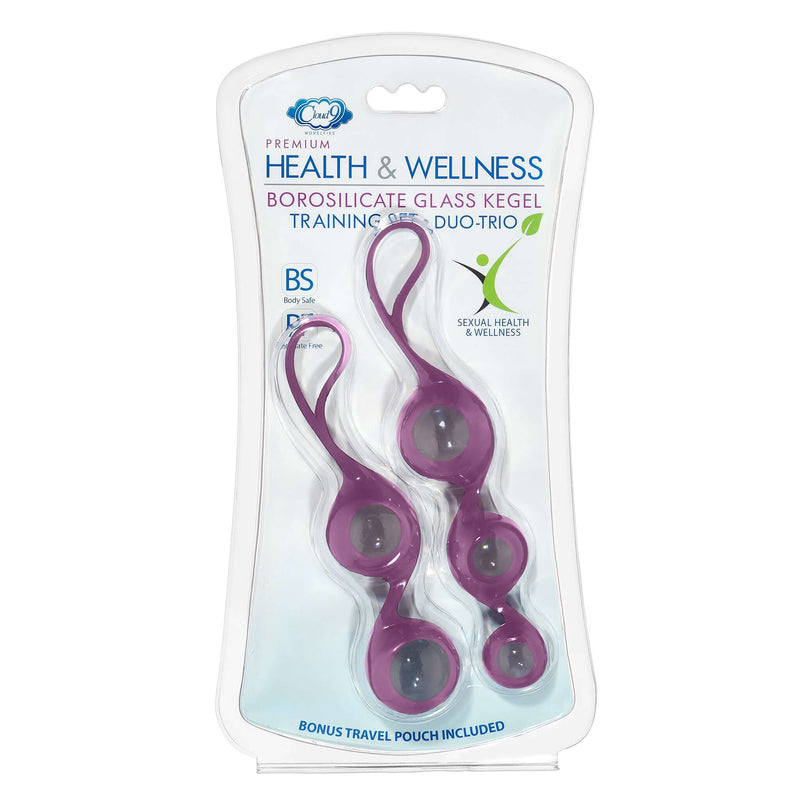 Cloud 9 Novelties Duo and Trio Borosilicate Glass Kegel Balls in premium silicone sleeve packaging for pelvic floor strength.