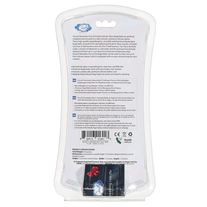 Cloud 9 Novelties Duo and Trio Borosilicate Glass Kegel Balls packaging with product description and product specifications visible