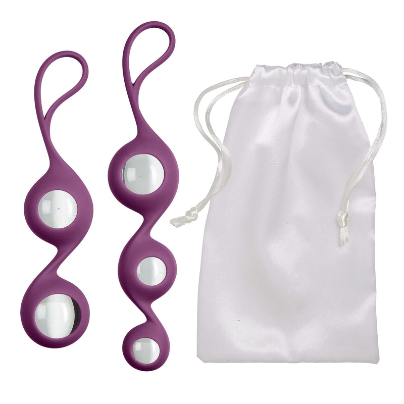 Cloud 9 Novelties Duo and Trio Borosilicate Glass Kegel Balls with white storage pouch, premium silicone sleeves, ideal for pelvic strengthening.