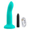 Teal green silicone dildo with tapered head, black bullet vibrator, and white USB charging cable.