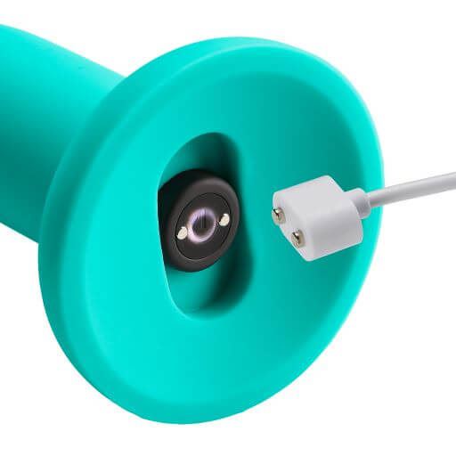 Teal green silicone dildo with a wide suction cup base and charger port from the Ergo Super Flexi IV Pro Sensual Line.