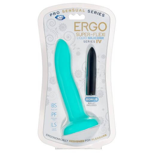 Teal Green Ergo Super Flexi IV Silicone Dong Pro Sensual Line with Bonus Bullet in Packaging