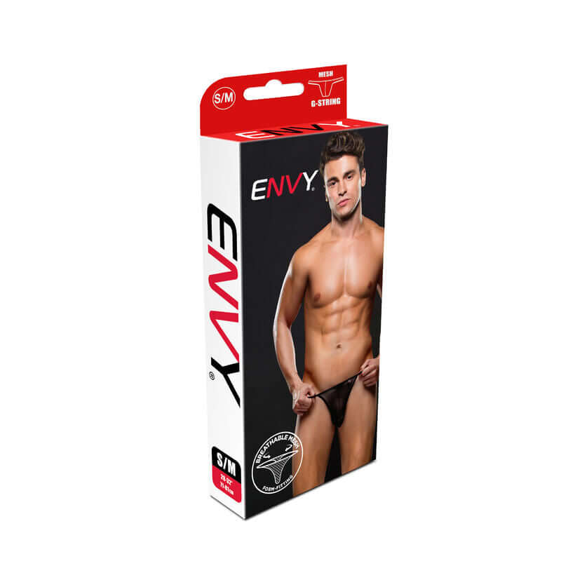 Packaging of Envy Mesh G-String Black S/M from X-Gen Products showing product details and model wearing the g-string.