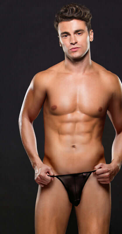 Model showcasing the Envy Mesh G-String in black, highlighting its sleek design and comfortable fit for men's lingerie.
