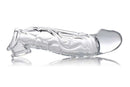 Size Matters 2-Inch Clear Extender Sleeve with Realistic Texture & Extra Length displayed on a reflective surface.