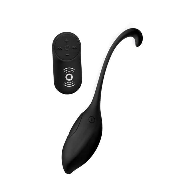 Wireless remote control vibrating egg in black with a sleek design and matching remote for discreet pleasure.