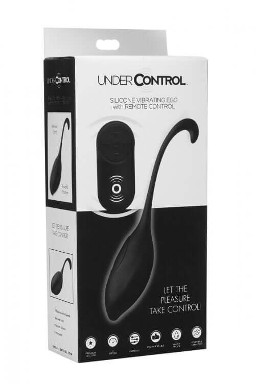 Under Control silicone vibrating egg with remote control packaging, featuring sleek design and key features.
