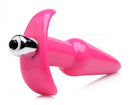 Frisky Thrilling Pink Smooth Vibrating Anal Plug with tapered tip and narrow base on white background.