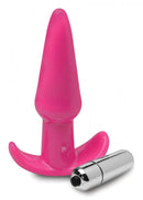Pink smooth vibrating anal plug by XR Brands with narrow base and bullet vibrator.